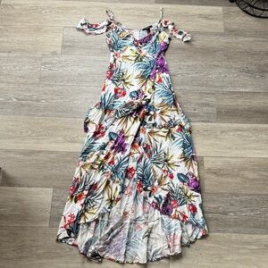 White Tropical Floral Maxi Dress with Purple, Green & Red Accents